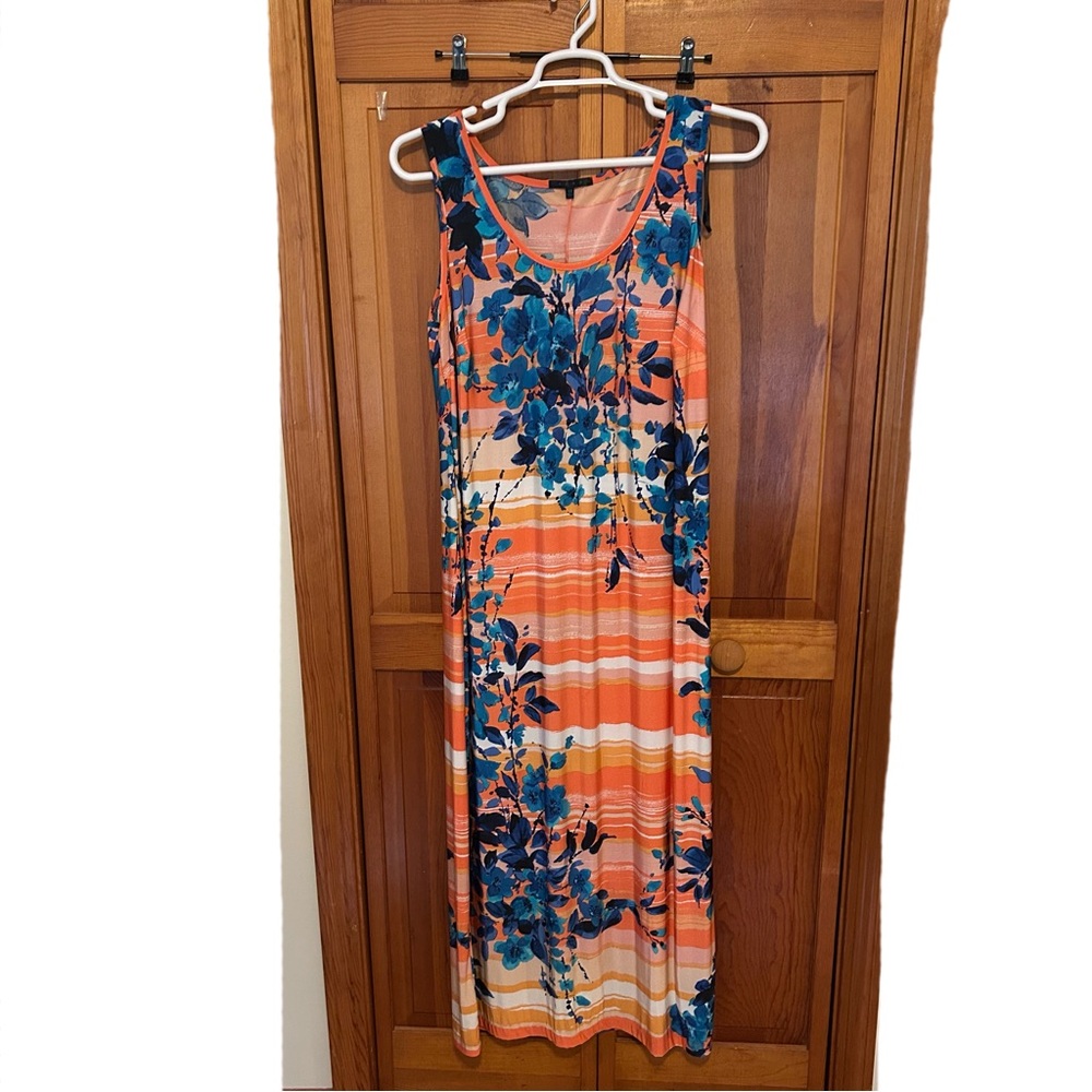 Snap Orange Blue Floral Maxi Sundress Plus 1X EUC Sleeveless Summer Dress - Picture 2 of 10